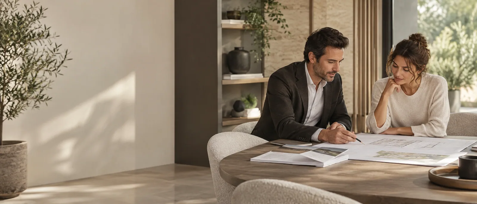 Un conseiller relit les plans d’un projet avec sa cliente, autour d’une table.