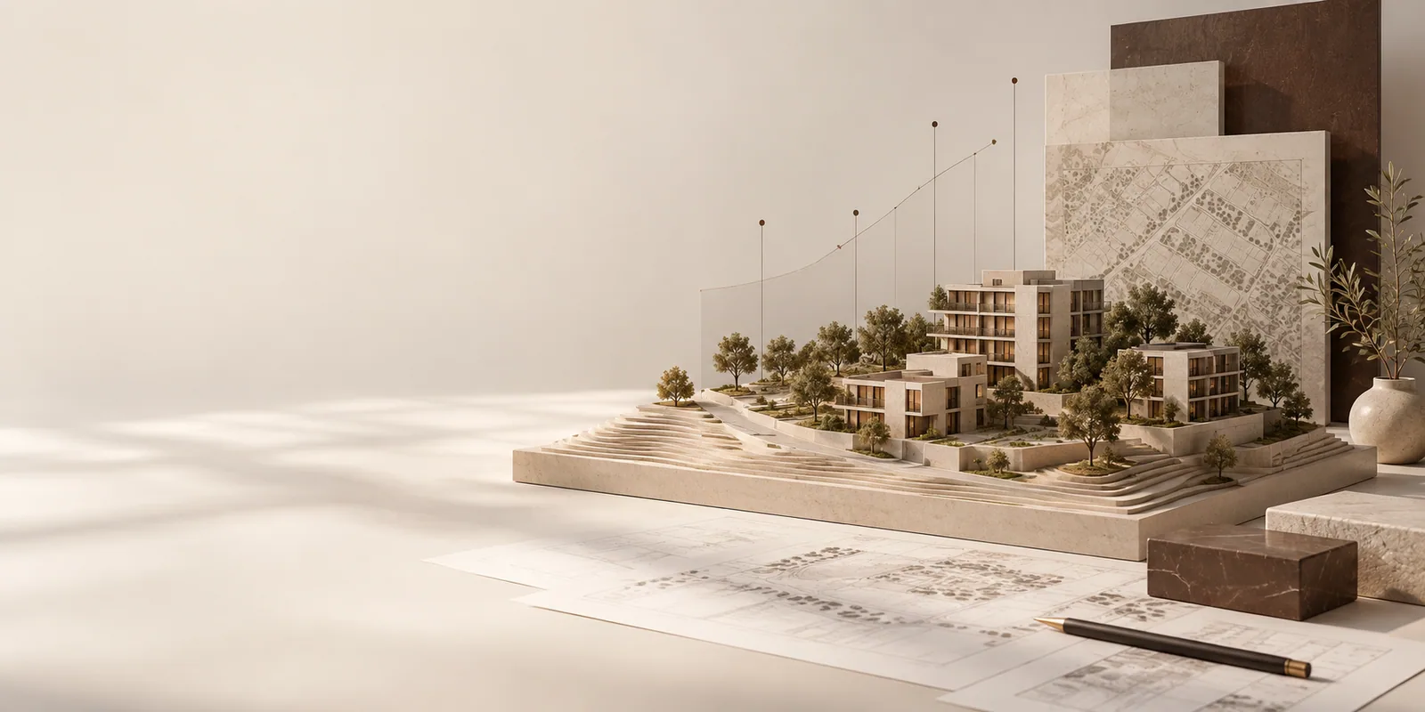 Maquette architecturale entourée de plans et de documents d’étude.