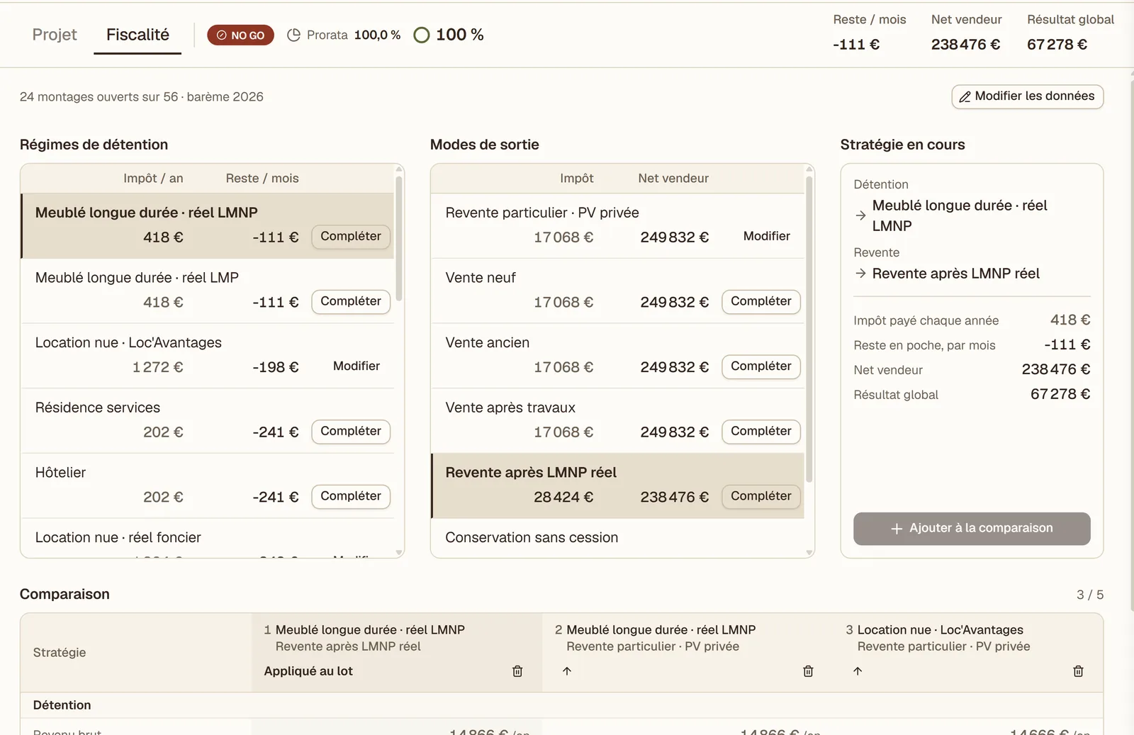 Régimes de détention et modes de revente étudiés pour une opération dans le logiciel PROVIIS.