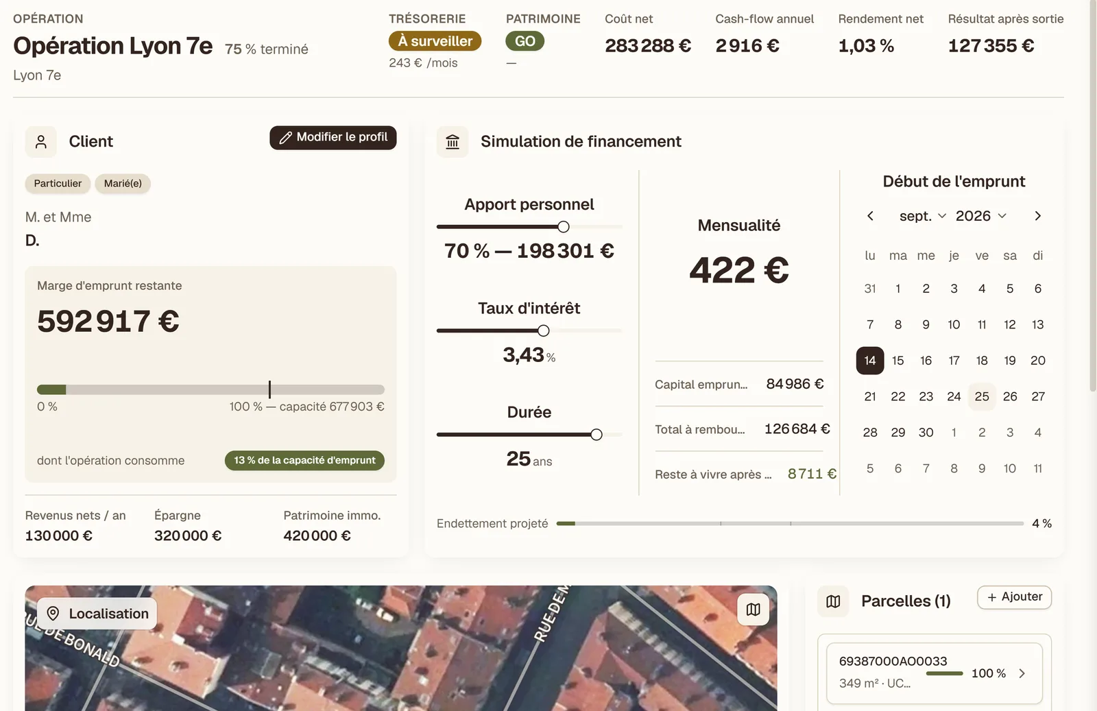 Une opération dans le logiciel PROVIIS : ses résultats en tête, le profil du client et la simulation de financement.