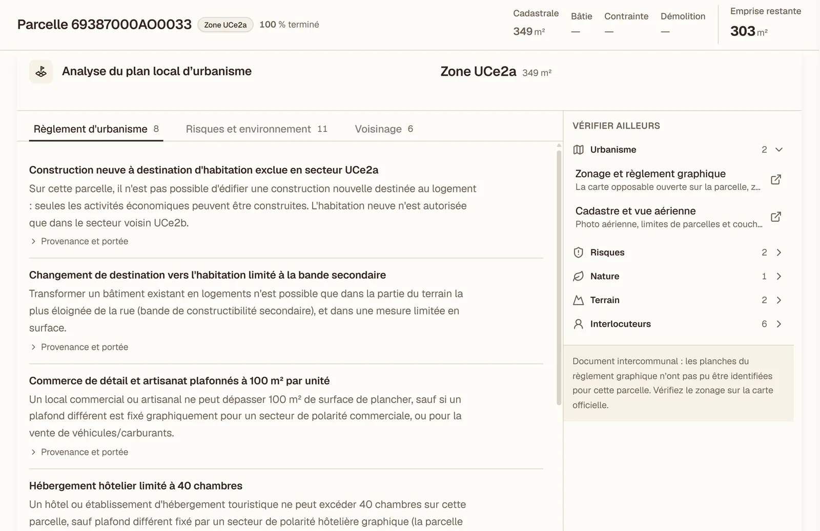 Règles du PLU applicables à la parcelle, avec leur explication, dans le logiciel PROVIIS.