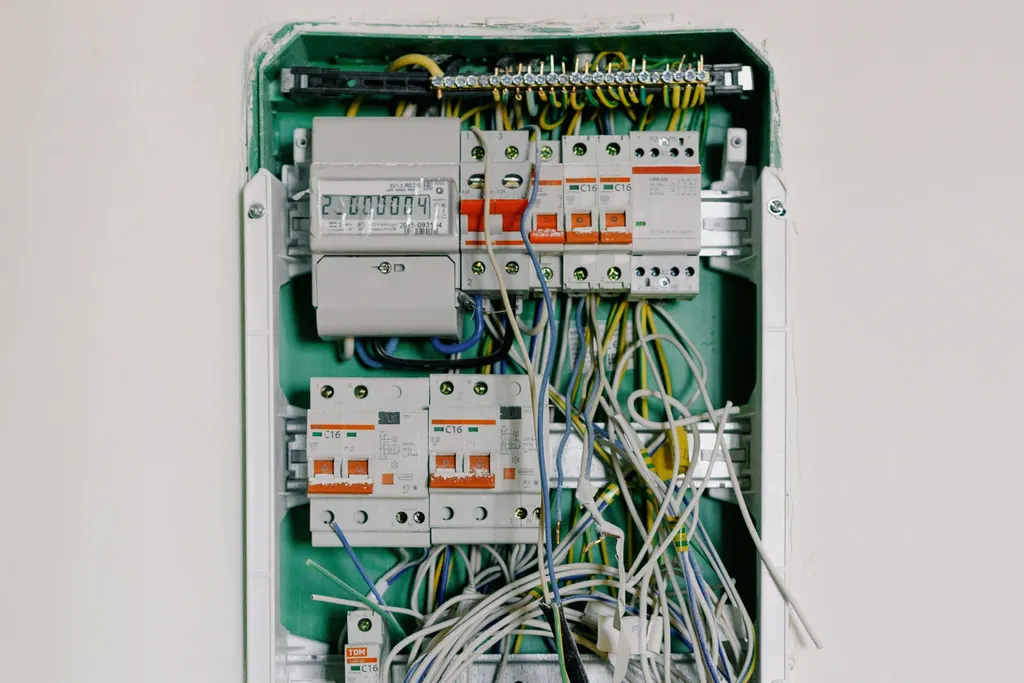 Tableau électrique ouvert, fils et disjoncteurs apparents