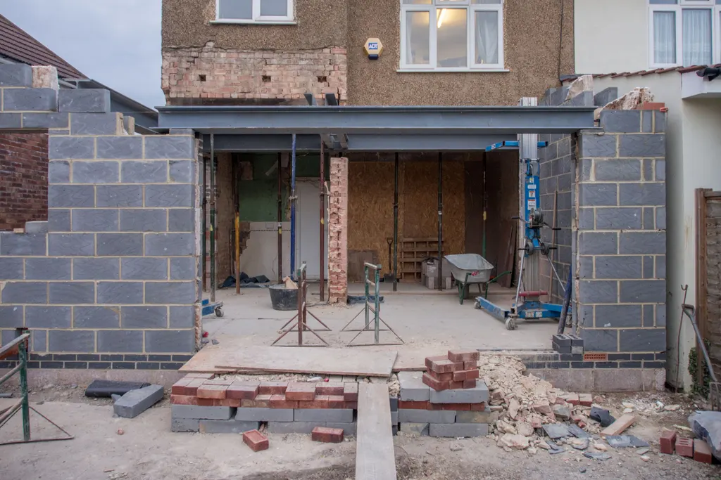 Extension en parpaings en cours de construction à l’arrière d’une maison