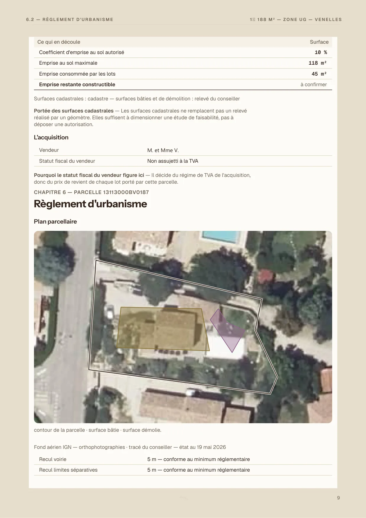 Page du rapport présentant le plan parcellaire et l’acquisition.