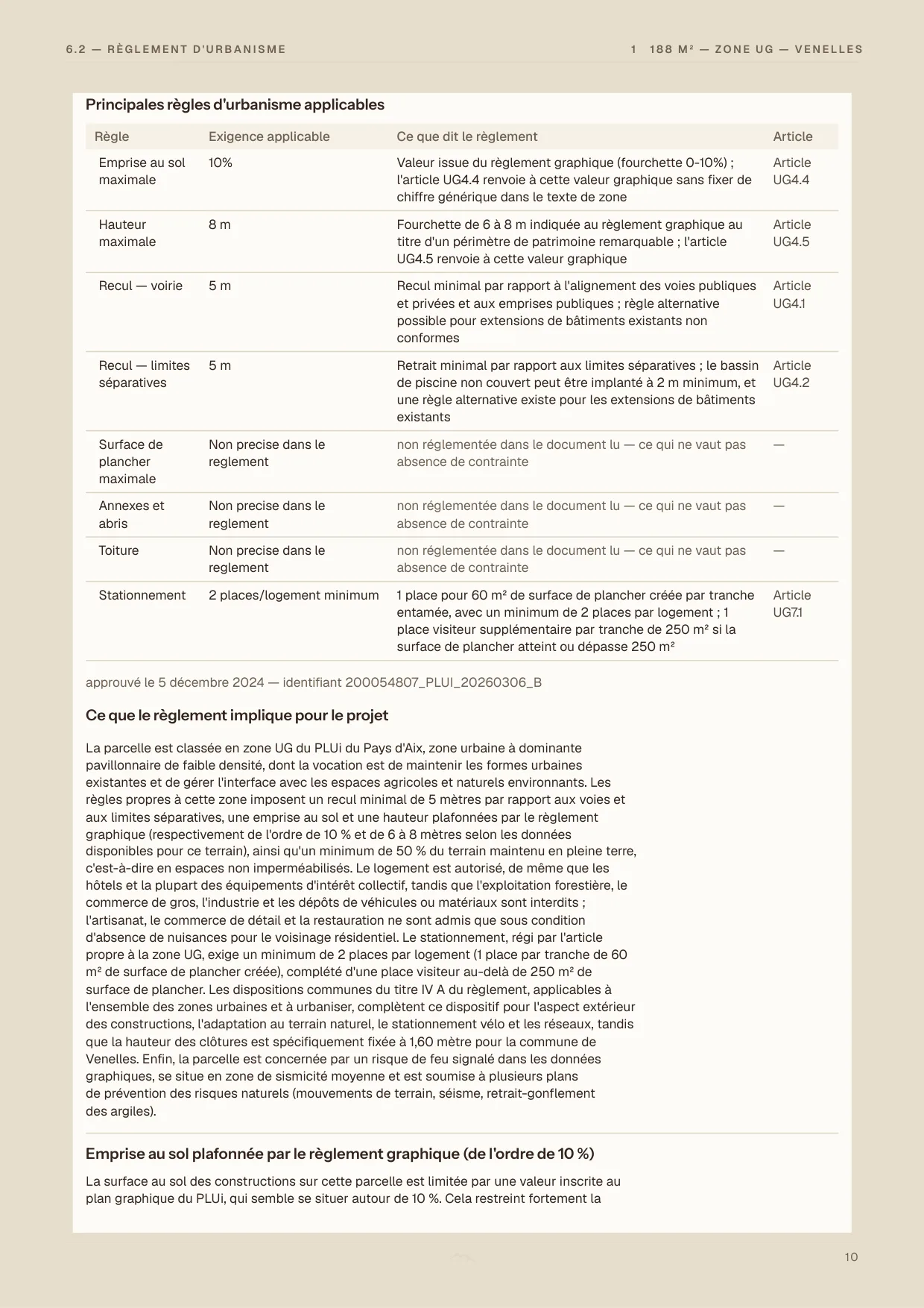 Page du rapport listant les principales règles d’urbanisme applicables, avec leurs articles.